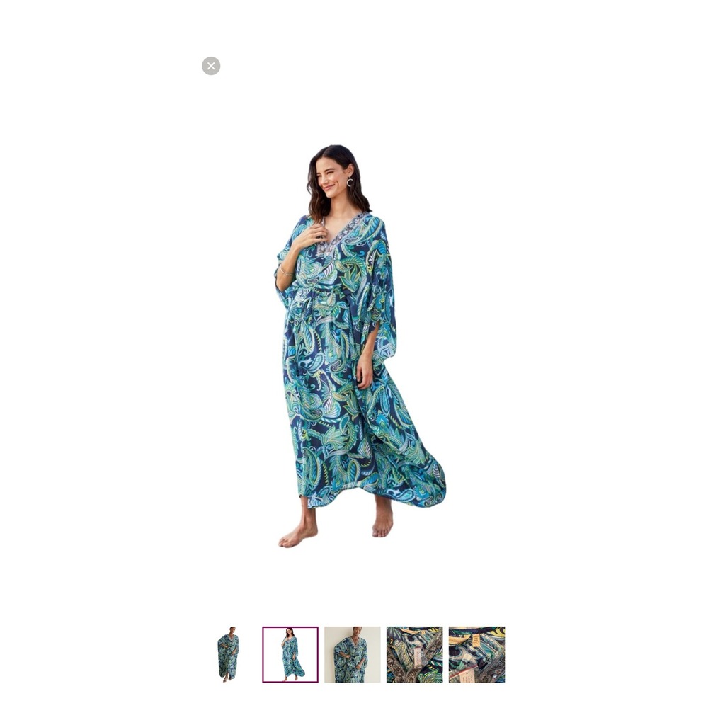 Soft Surroundings Paisley Caftan Dress Blue‎ Green Beaded V-Neck Maxi One Size